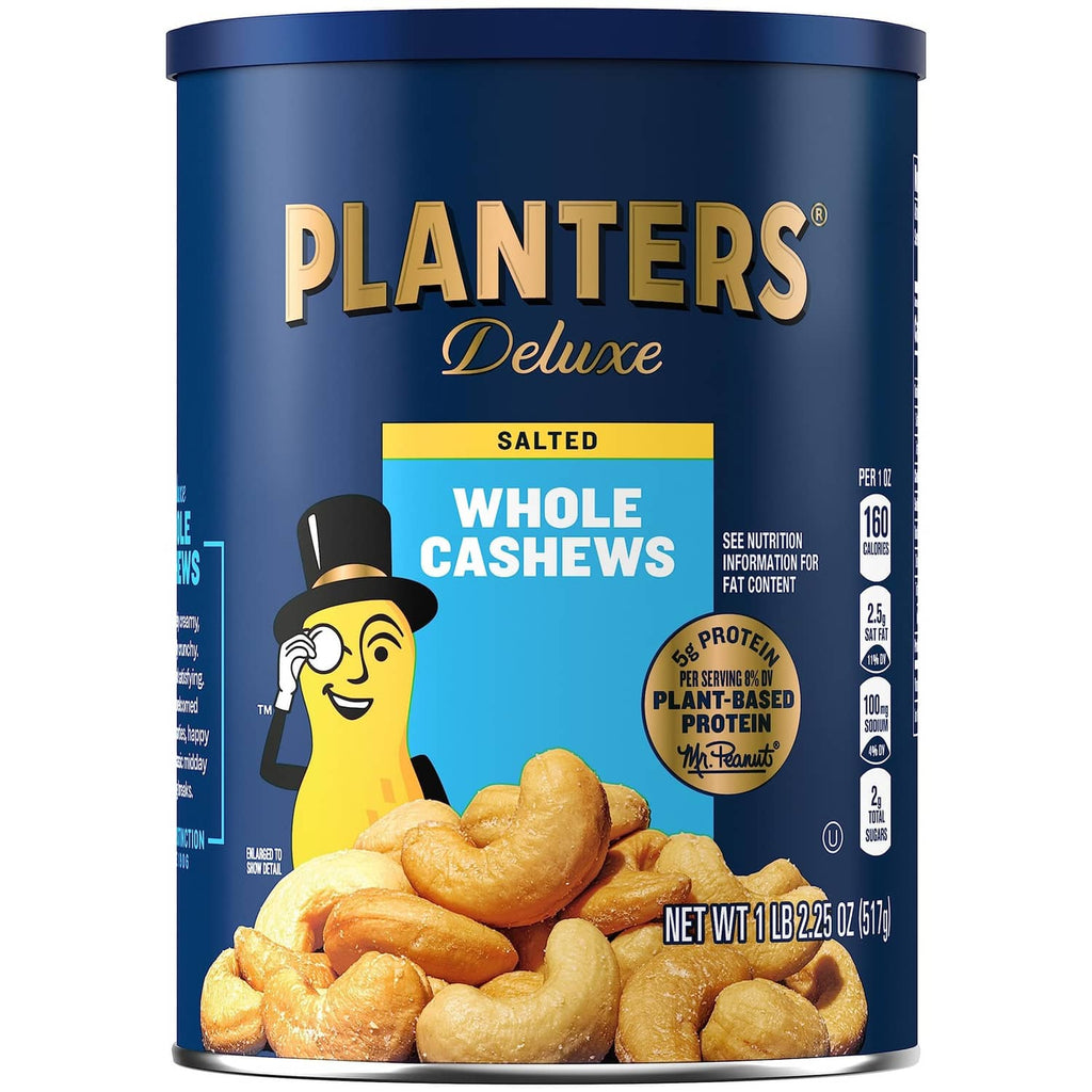 Salted whole cashews in a blue PLANTERS Deluxe canister