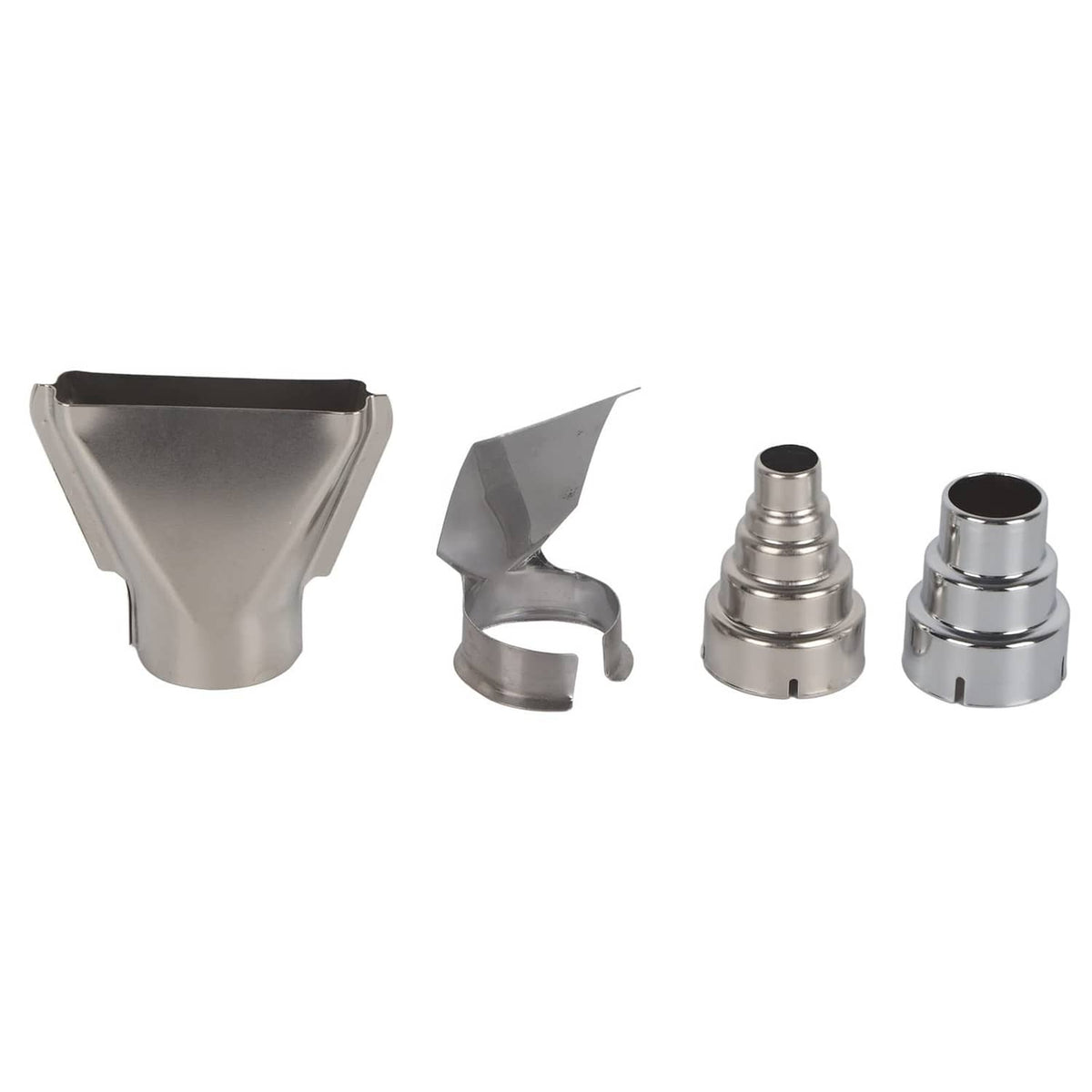Set of stainless steel heat gun nozzles: funnel, curved guard, and two stacked cylindrical adapters