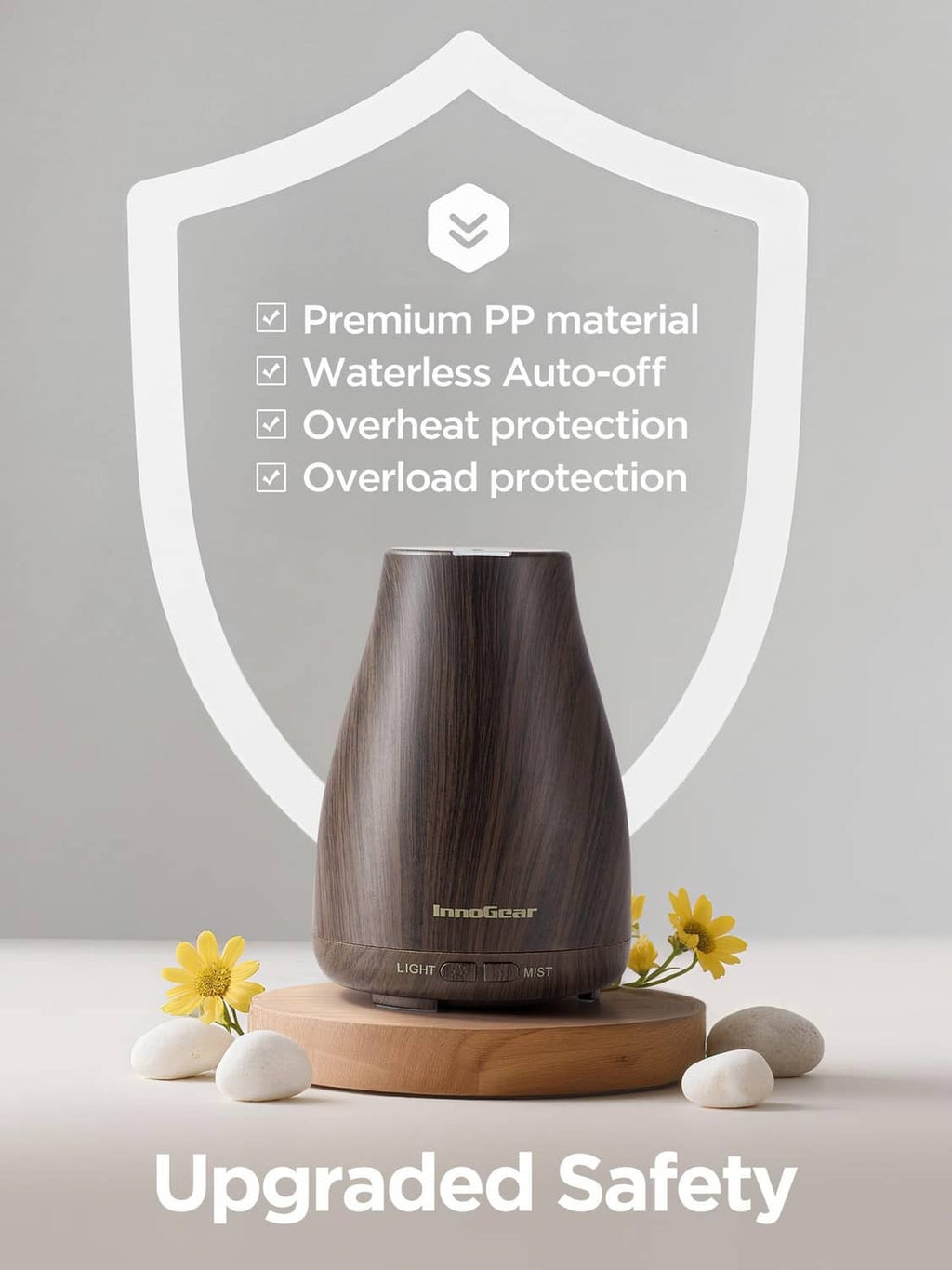 Brown ultrasonic essential oil diffuser with safety label graphic and round base