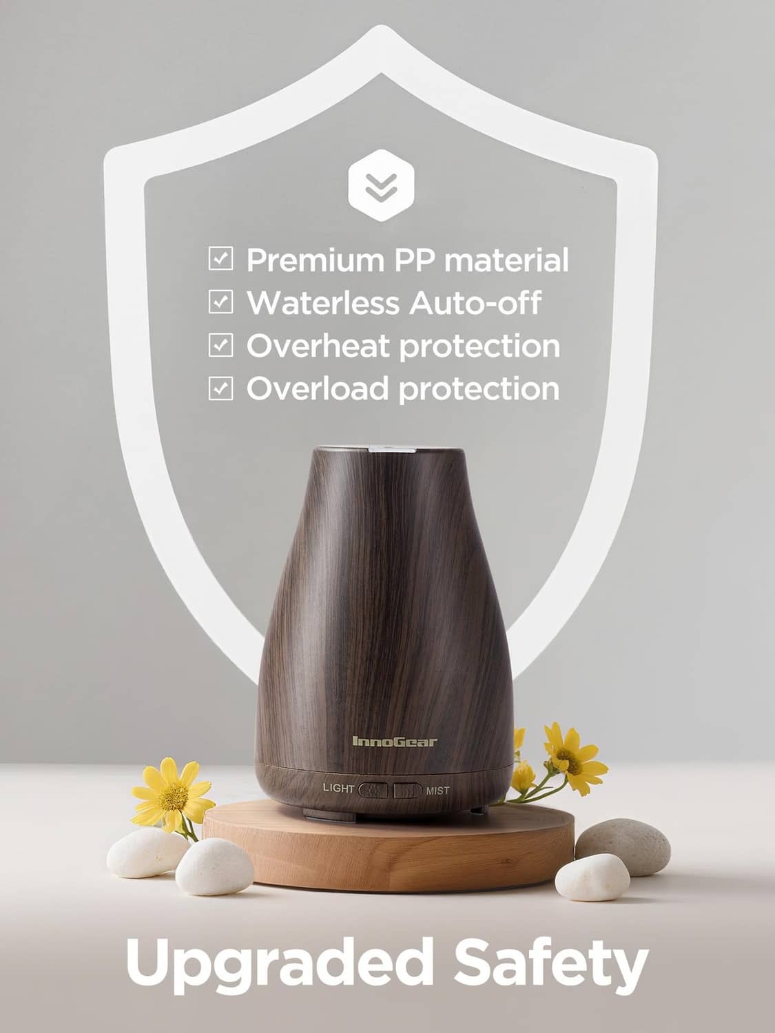 Brown ultrasonic essential oil diffuser with safety label graphic and round base