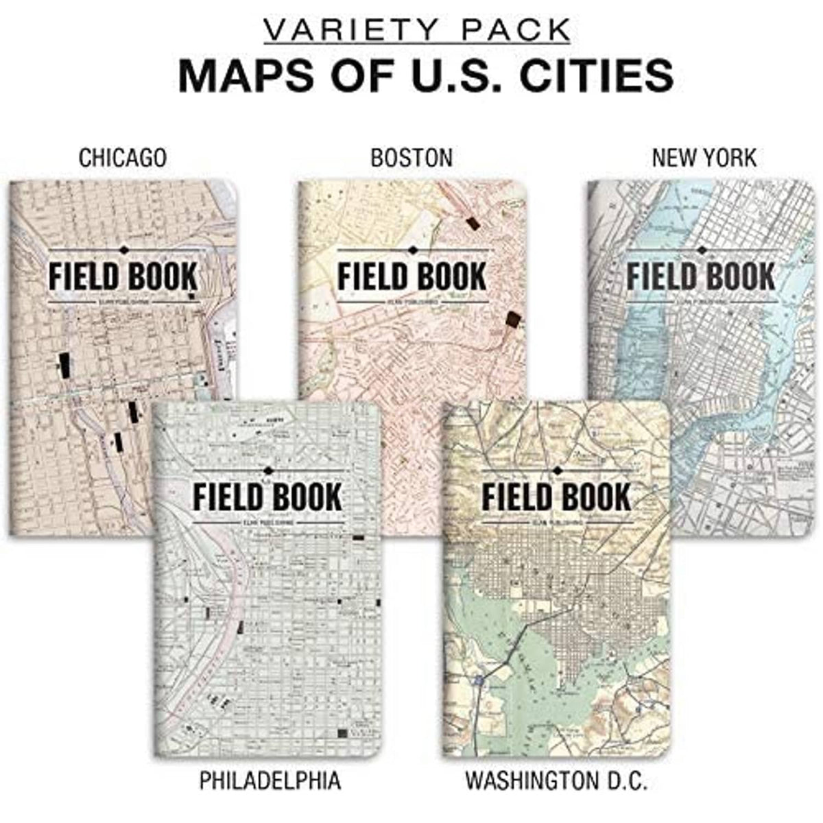 Variety pack of map notebooks for Chicago, Boston, New York, Philadelphia, and Washington D.C.