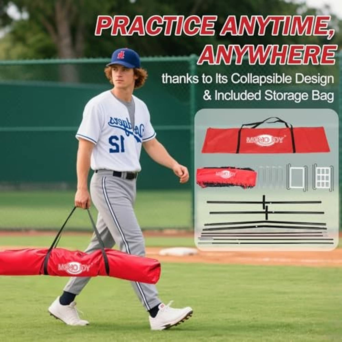Red baseball practice net with included storage bag and strike-zone target panels