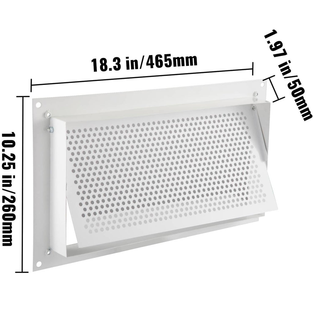 White crawl space flood vent with perforated grille, size markings 18.3 in x 19 in