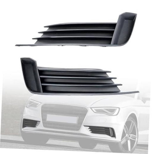 Pair of front bumper lower grilles with horizontal black slats and side fins