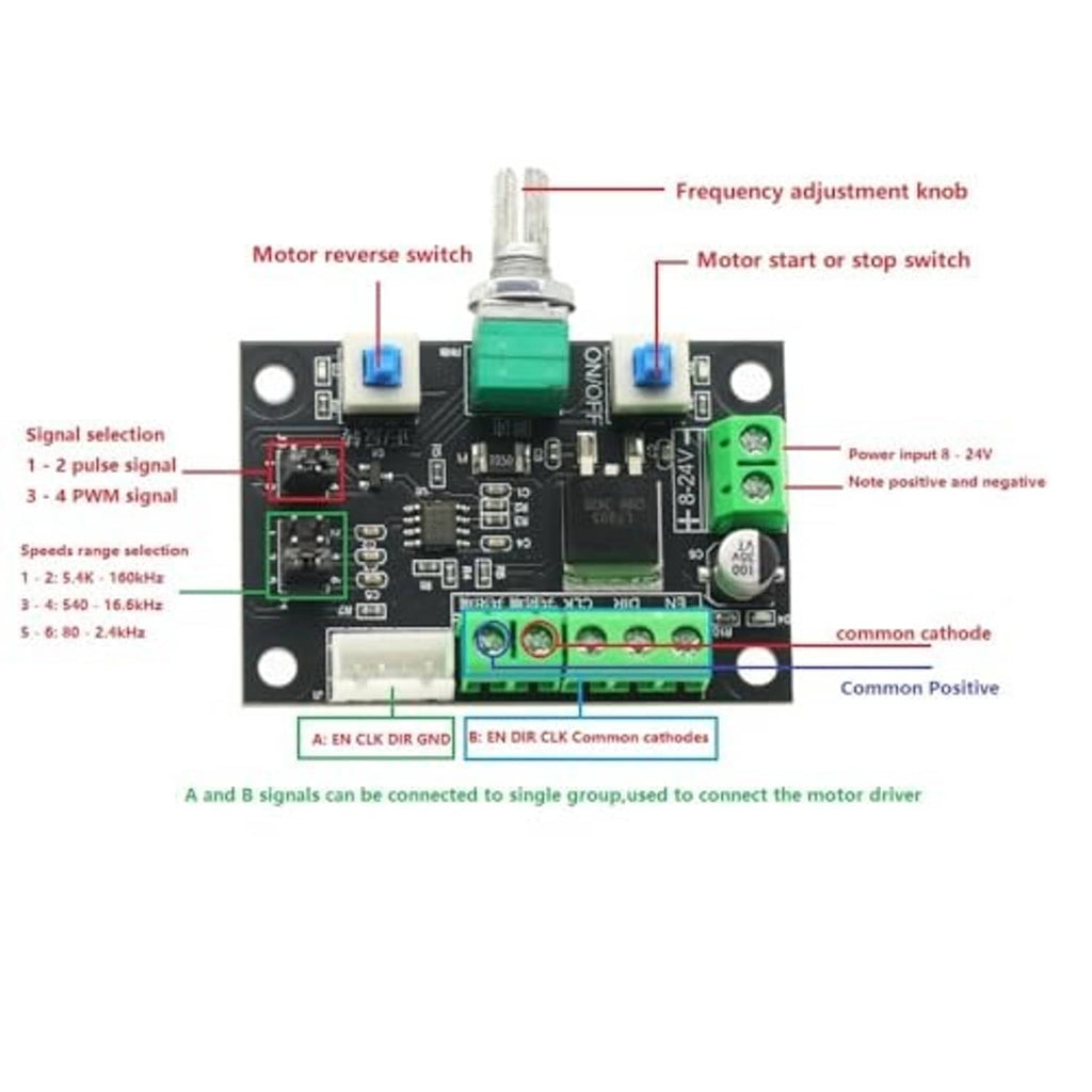Stepper motor driver PCB with green terminal areas and blue buttons, plus a vertical metal knob