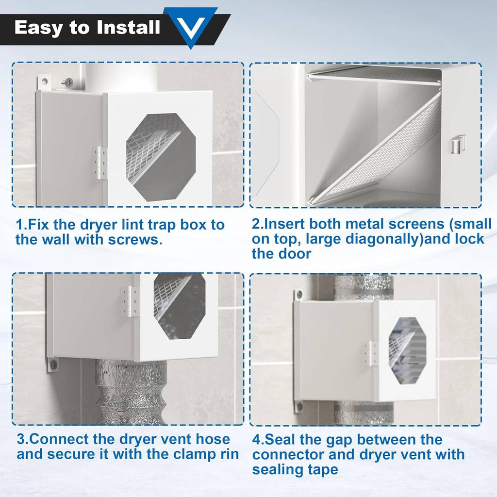 Dryer lint trap installation steps showing lint box, screens, and sealing clamp