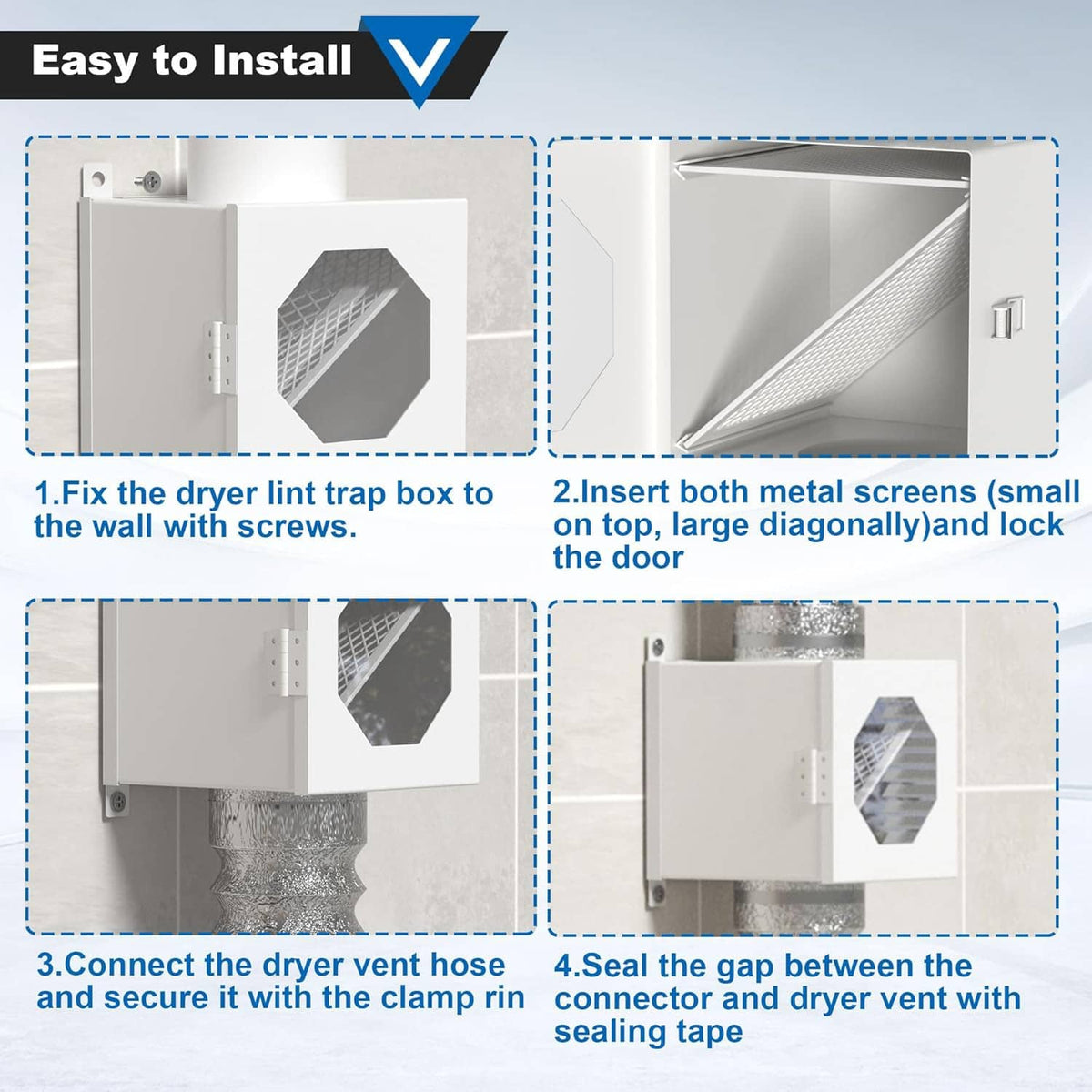 Dryer lint trap installation steps showing lint box, screens, and sealing clamp