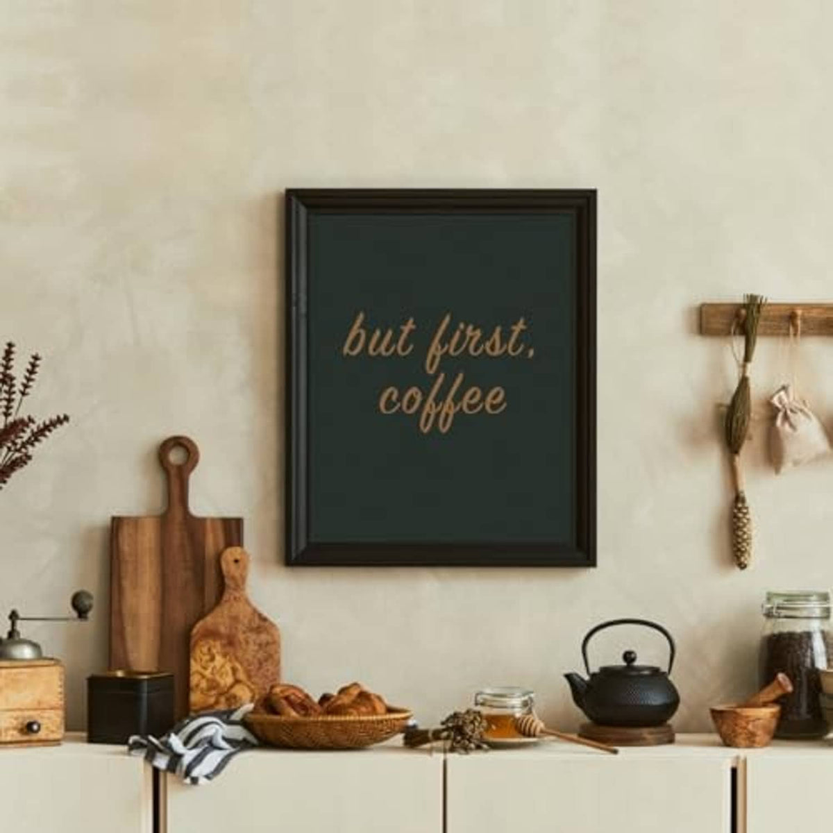 Black wood picture frame with dark print insert, wall-ready design