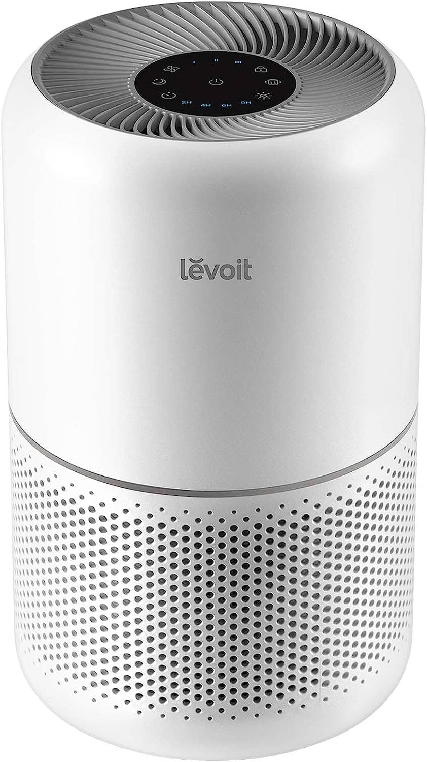 LEVOIT air purifier in white with top control panel and vented fan grille
