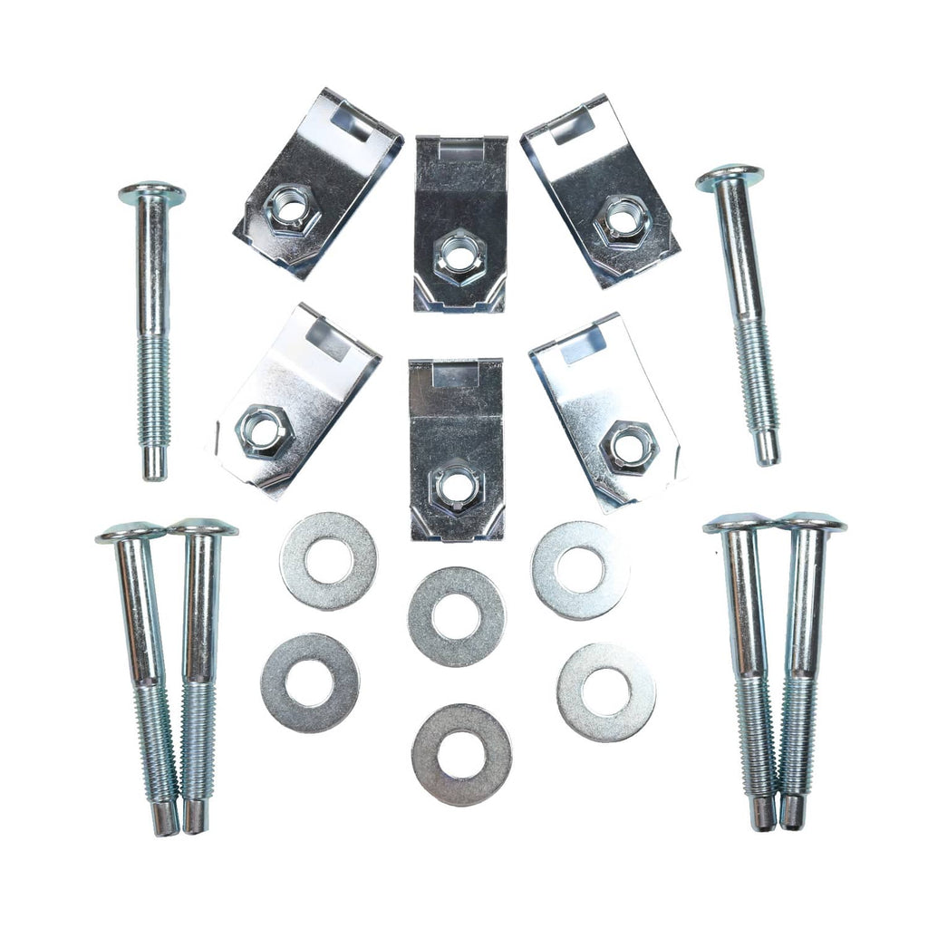 Truck bed mounting hardware kit with black bracket clips, zinc bolts, and washers