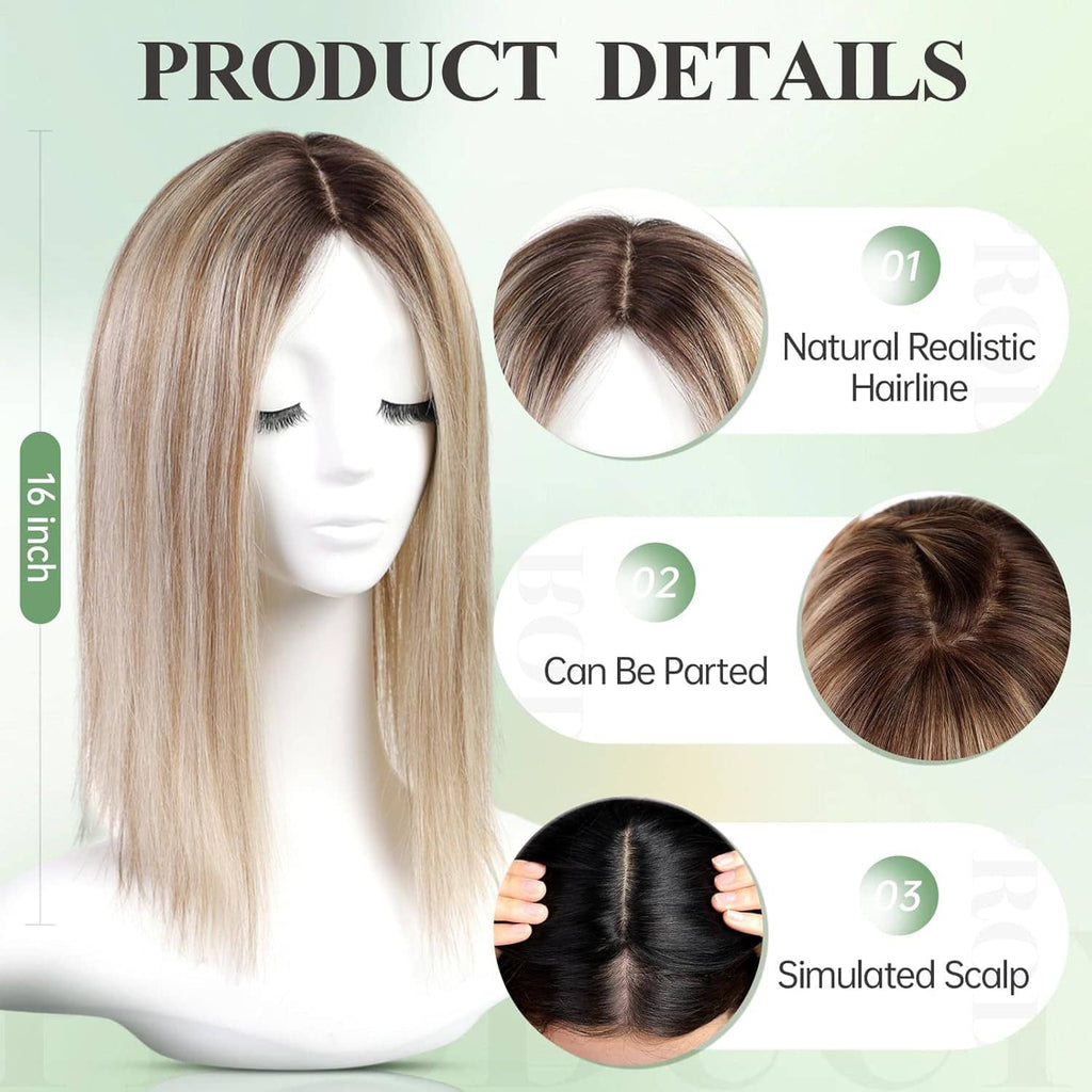 Light blonde and brown hair topper on mannequin, center-part style