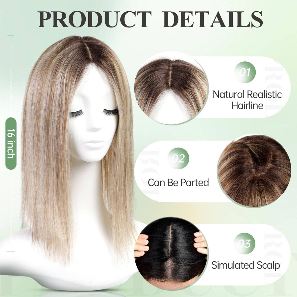 Light blonde and brown hair topper on mannequin, center-part style
