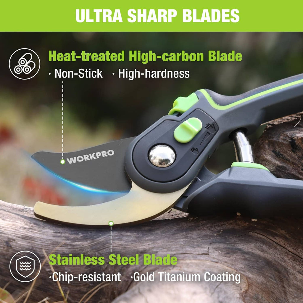 Bypass pruning shears close-up of blade pivot with green accents on black handle