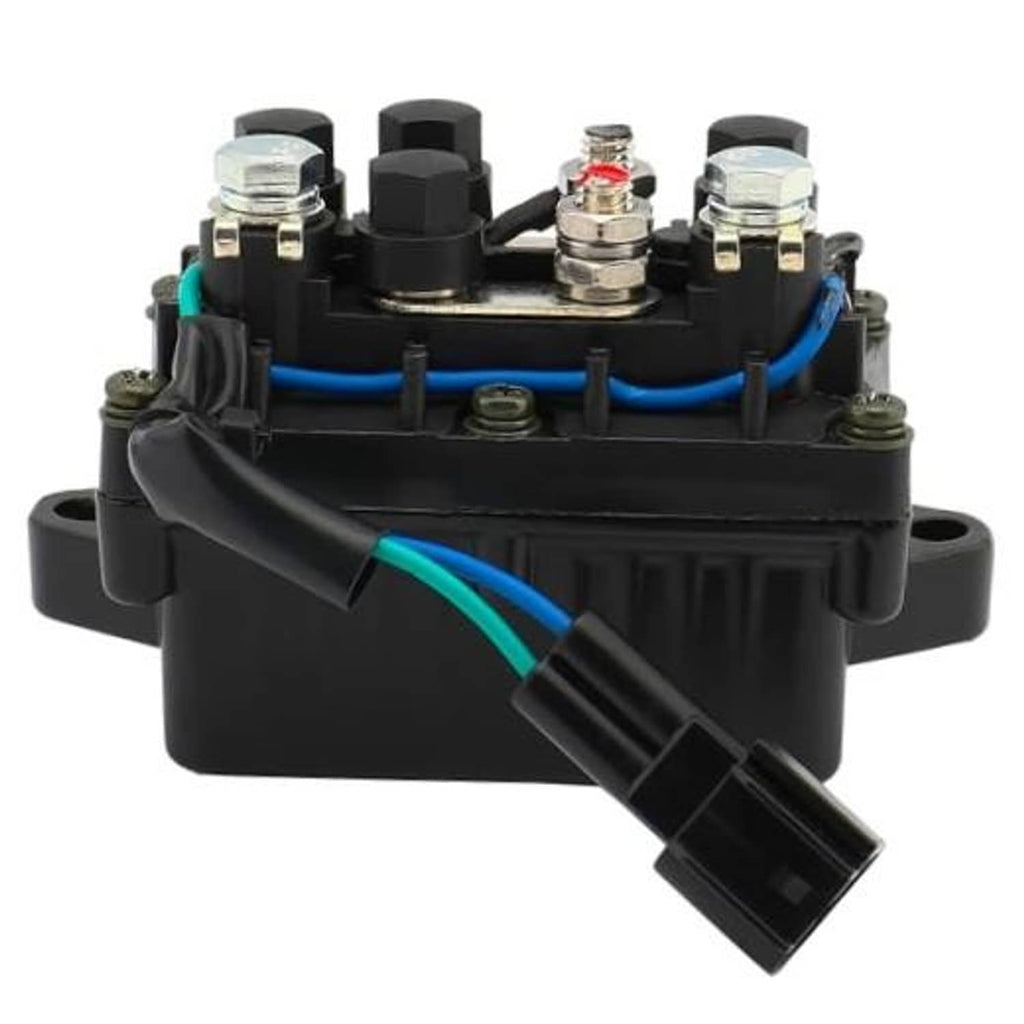 Black electrical relay module with multiple terminals, blue wires, and plug connector
