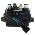 Black electrical relay module with multiple terminals, blue wires, and plug connector