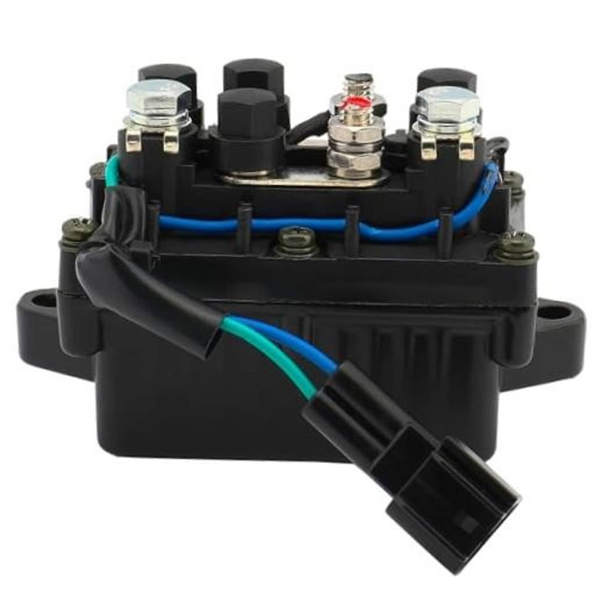 Black electrical relay module with multiple terminals, blue wires, and plug connector