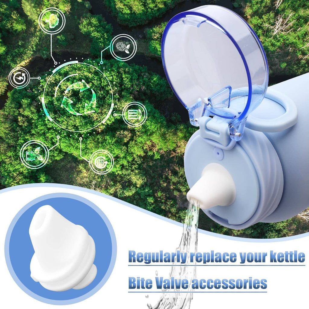 Bottle with open lid and white bite valve pouring water; replacement valve accessory insert