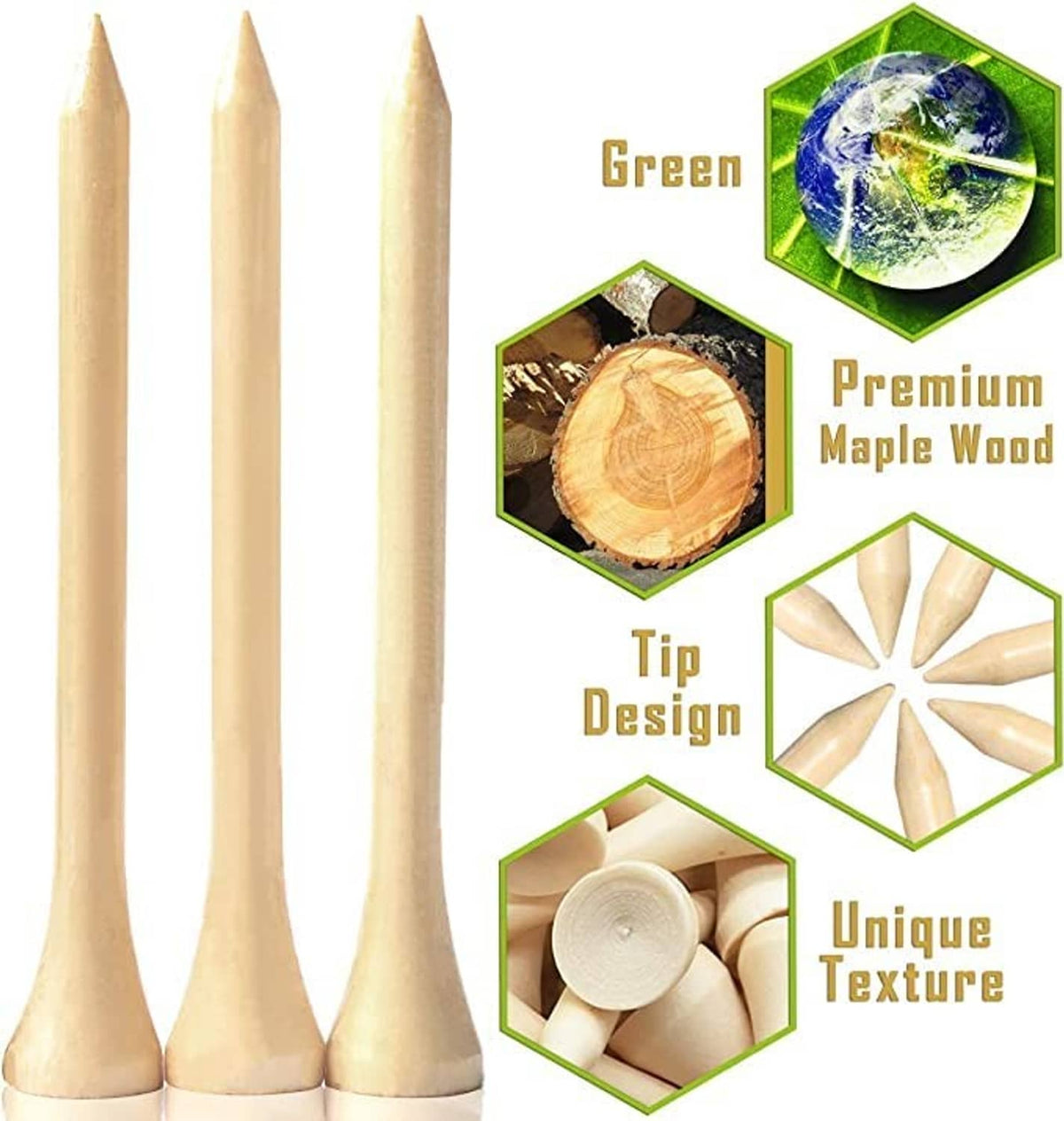 Light wood golf tees with pointed tips and smooth surfaces, set view