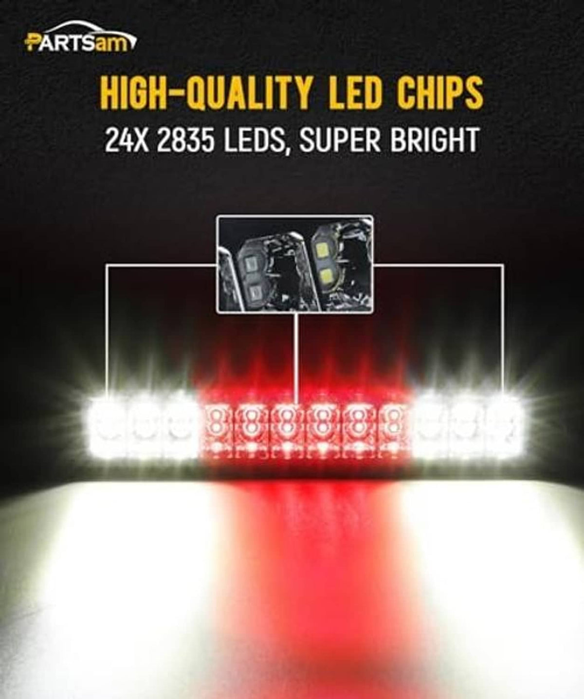 LED third brake light bar close-up, bright white LEDs and red center section