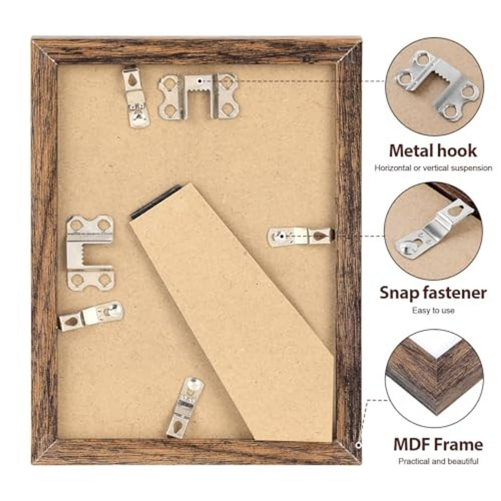 Rustic brown MDF picture frame backing with metal hook and snap fasteners.