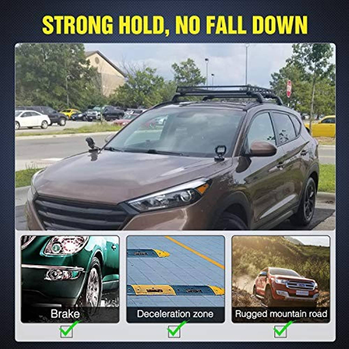 Magnetic mounting bases on a car hood holding an LED light bar