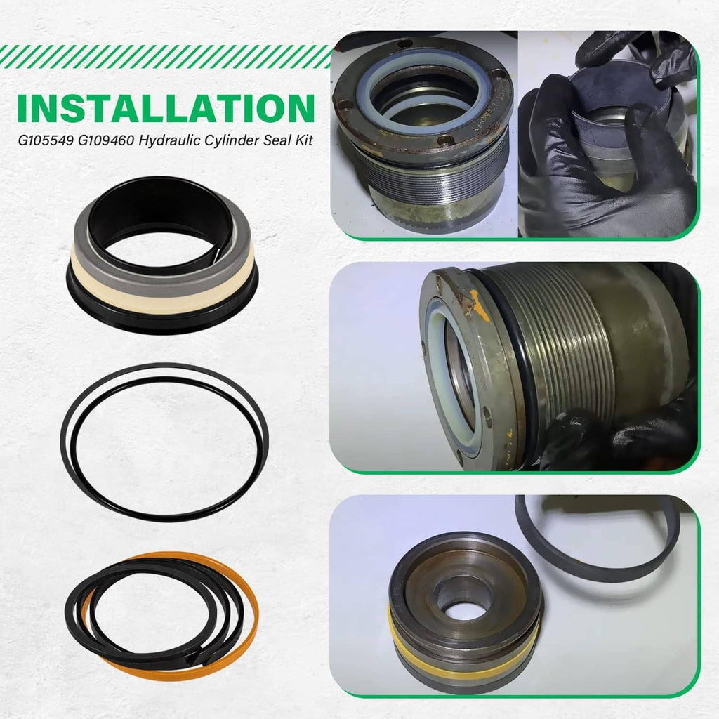 Hydraulic cylinder seal kit with black seal ring, orange O-ring, and gasket rings