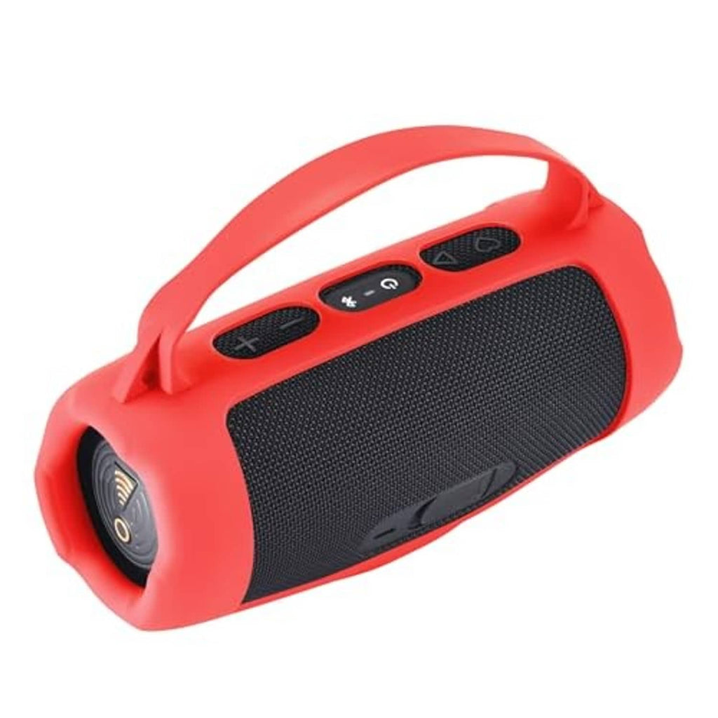 Red silicone speaker case with top control buttons and black speaker grille