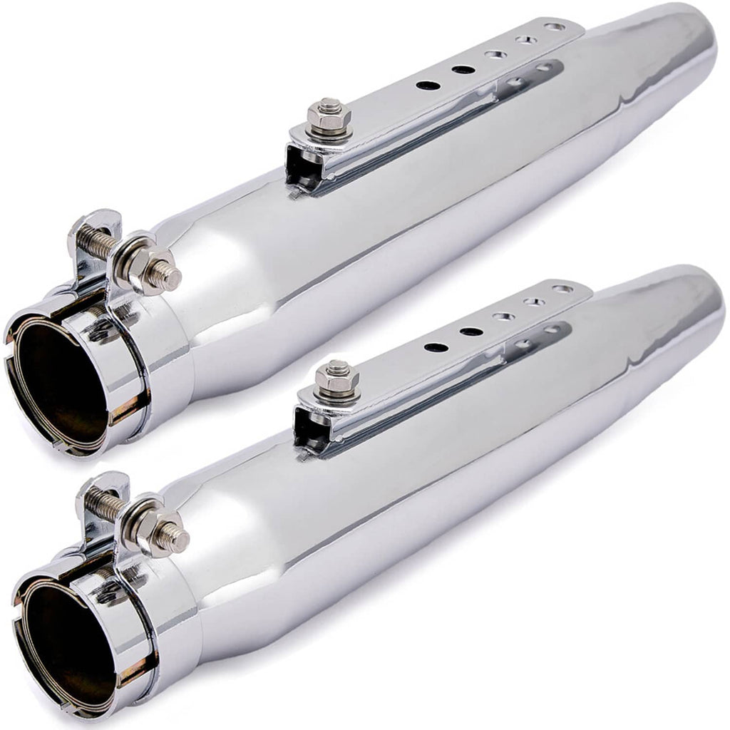 Universal motorcycle exhaust muffler pair, chrome silver with mounting strap and flanges