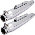 Universal motorcycle exhaust muffler pair, chrome silver with mounting strap and flanges