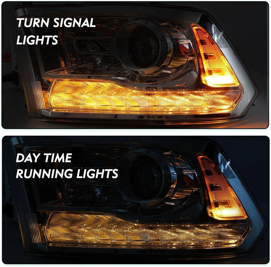 Projector headlight with illuminated amber turn signal and bright daytime running lights