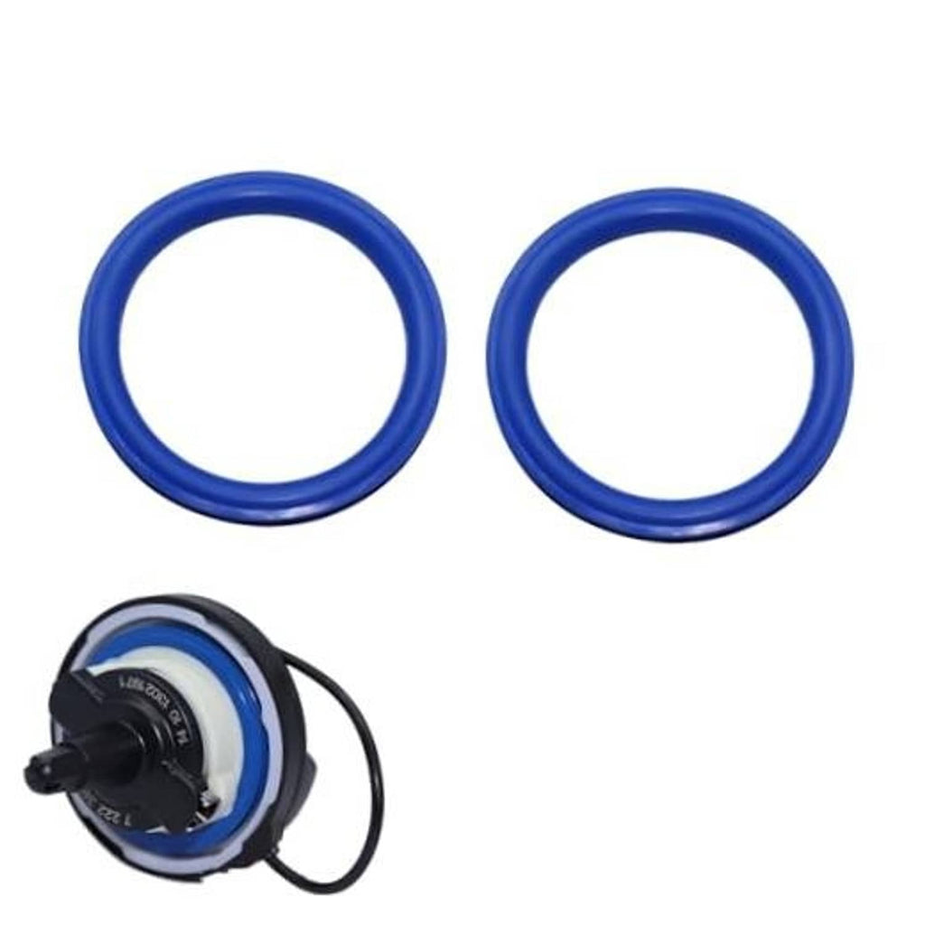 Set of two blue fuel filler cap O-ring gaskets, shown with black cap assembly