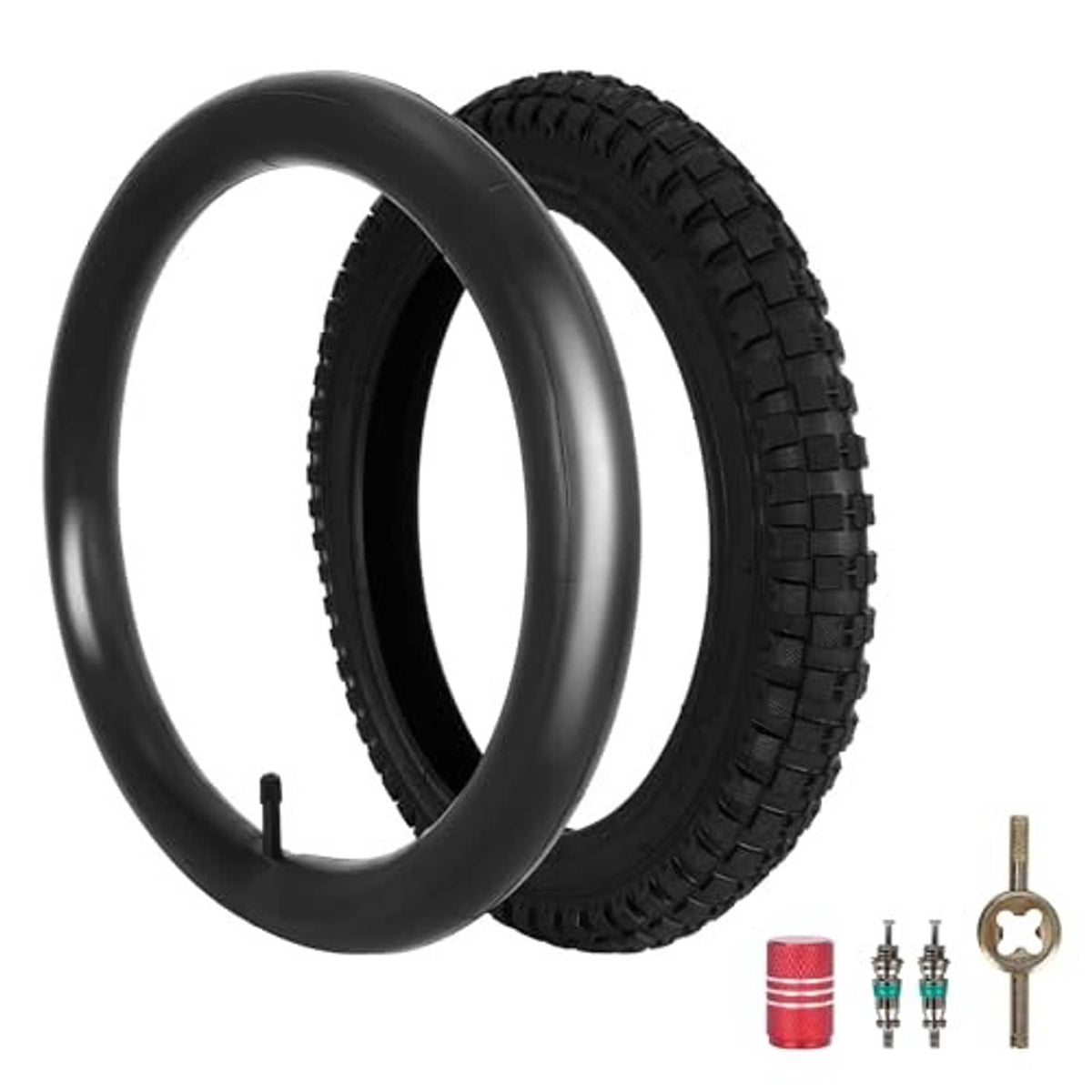 Black 16-inch bike tires and inner tube set, bundled with included valve parts