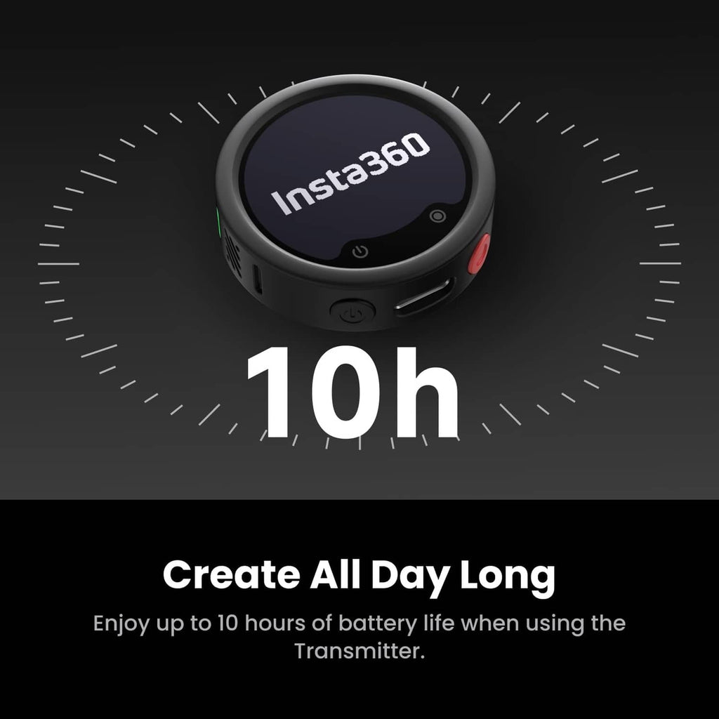 Graphite black wireless transmitter with Insta360 logo and 10h battery graphic