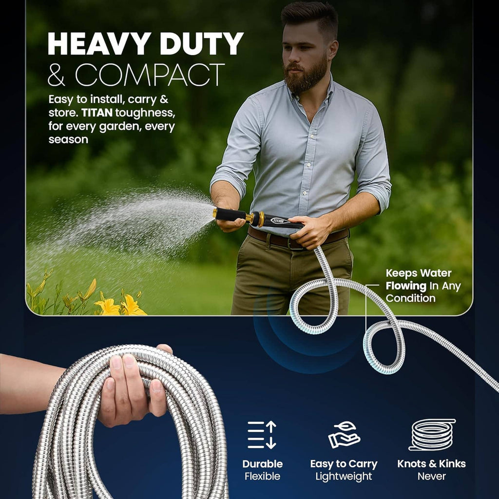 Flexible stainless steel garden hose with coiled tubing and a black nozzle with gold brass fitting