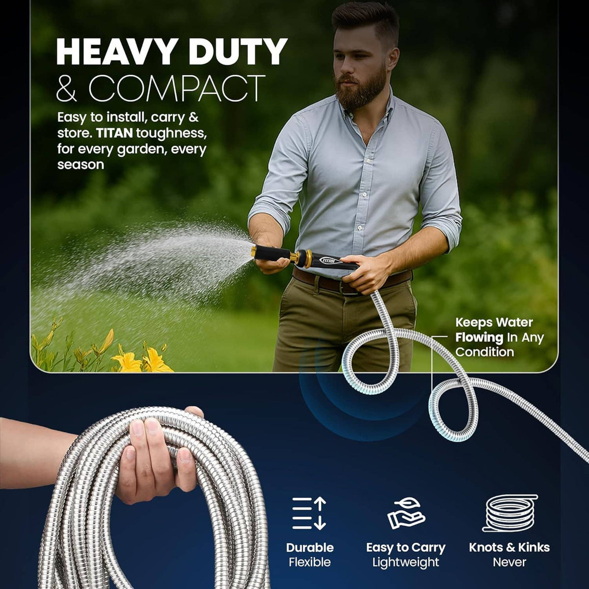Flexible stainless steel garden hose with coiled tubing and a black nozzle with gold brass fitting