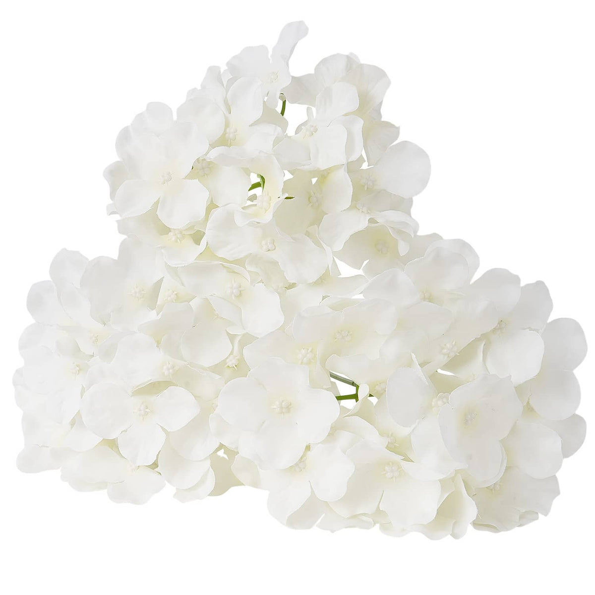 White artificial silk hydrangea flower bouquet with full clustered blooms on stems