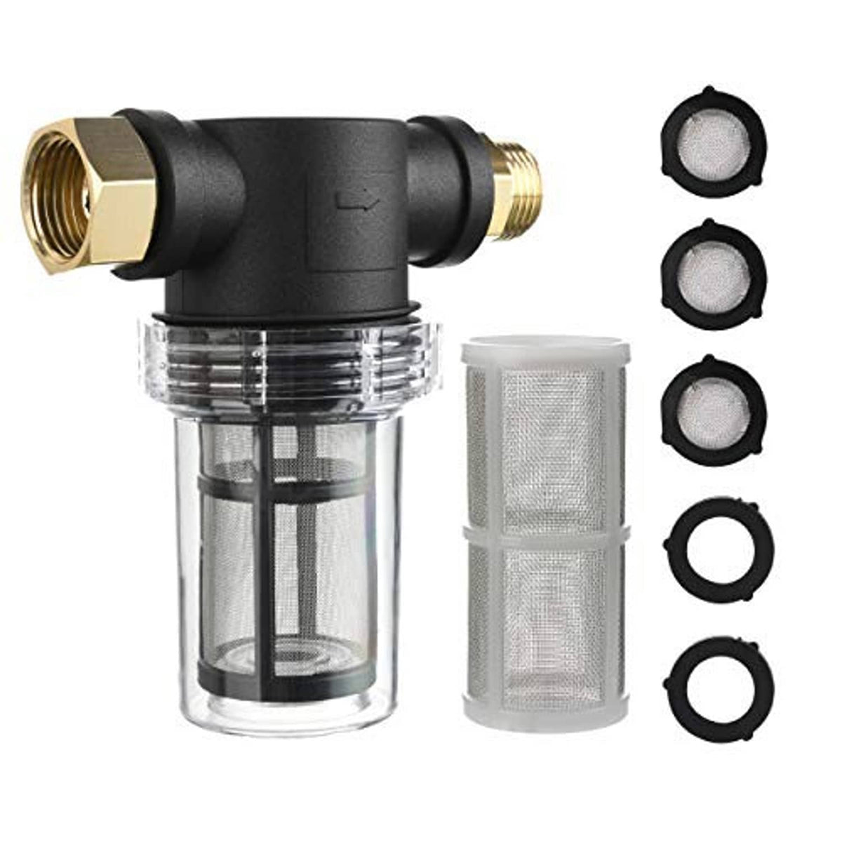 Inline water filter with clear cylinder, spare mesh cartridge, and black O-ring seals