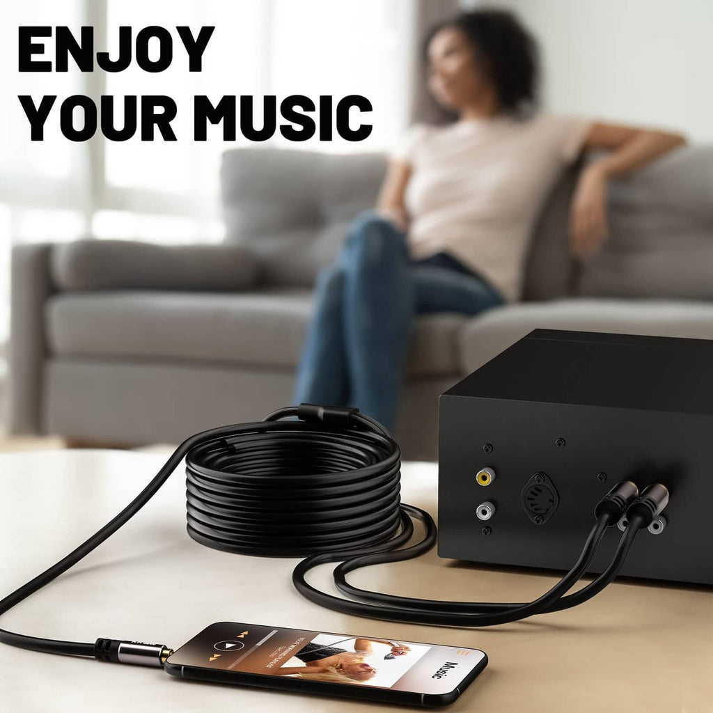 3.5mm to dual RCA stereo audio cable adapter, 15 ft black with gold plugs
