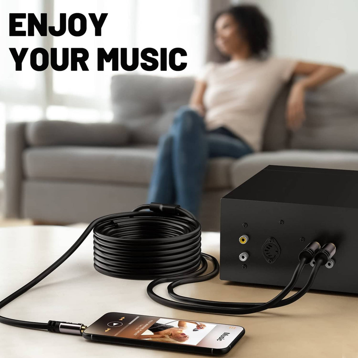 3.5mm to dual RCA stereo audio cable adapter, 15 ft black with gold plugs