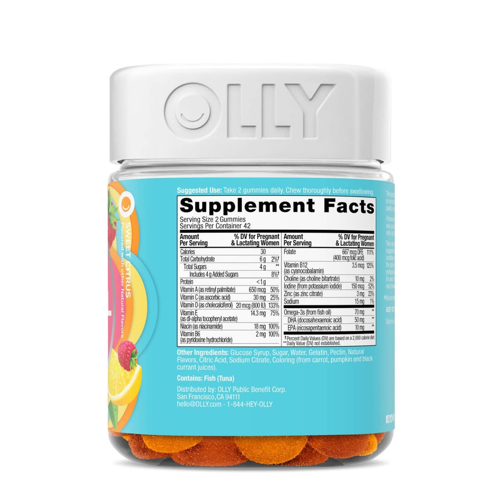OLLY prenatal gummy bottle front with Supplement Facts panel and visible gummies at base