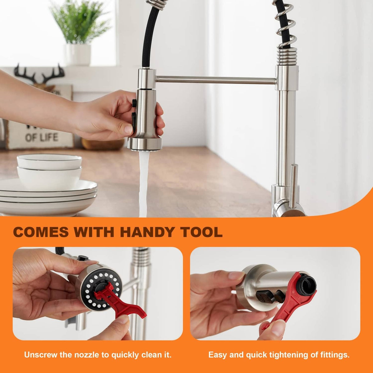 Pull-down faucet head with included cleaning tool and hand adjusting the nozzle