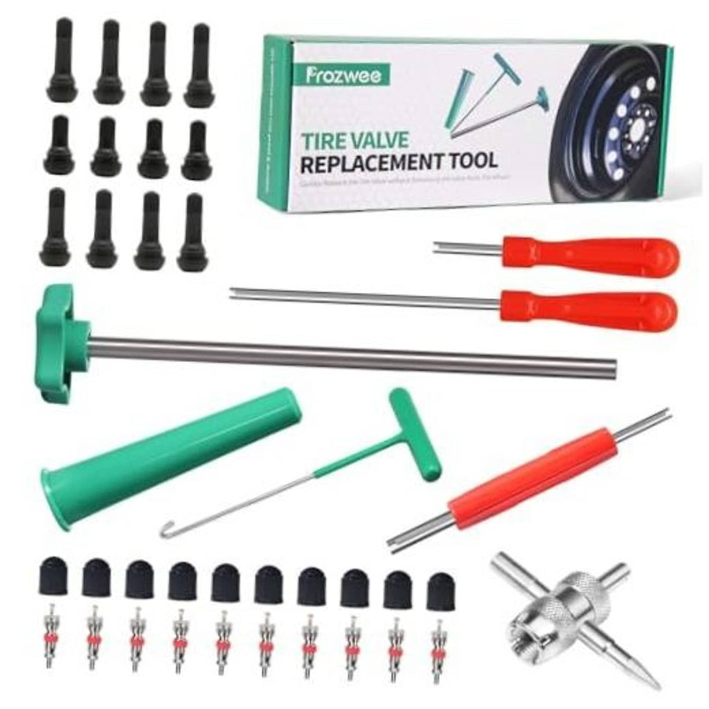 Tire valve stem replacement tool set with red handles, green tools, and valve cores