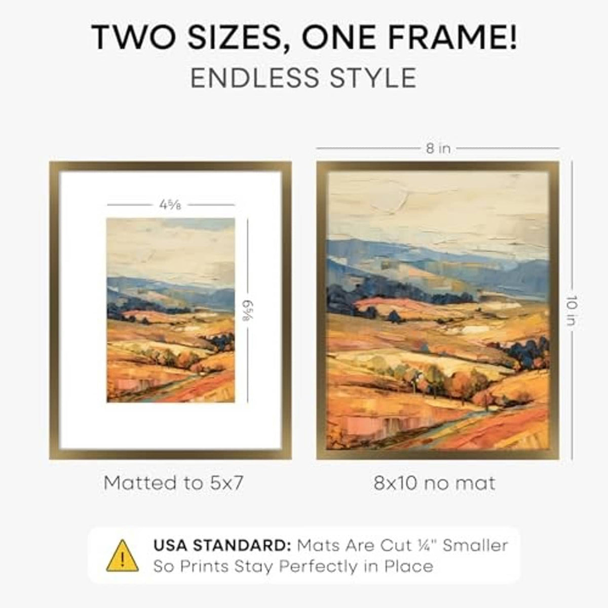 Bronze frame display showing 8x10 no-mat and 5x7 matted options