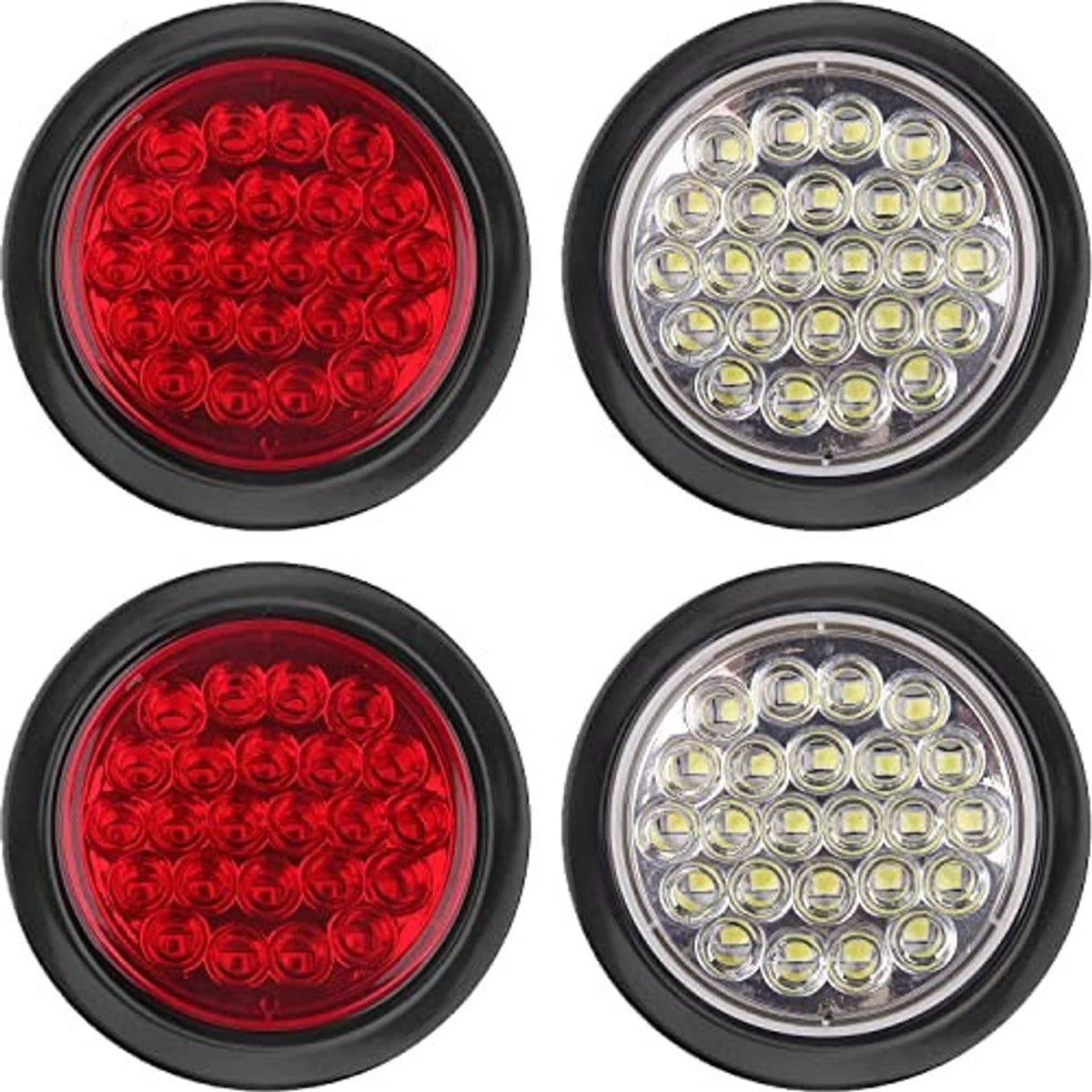 Four round LED lights: two red and two white lenses with black housings