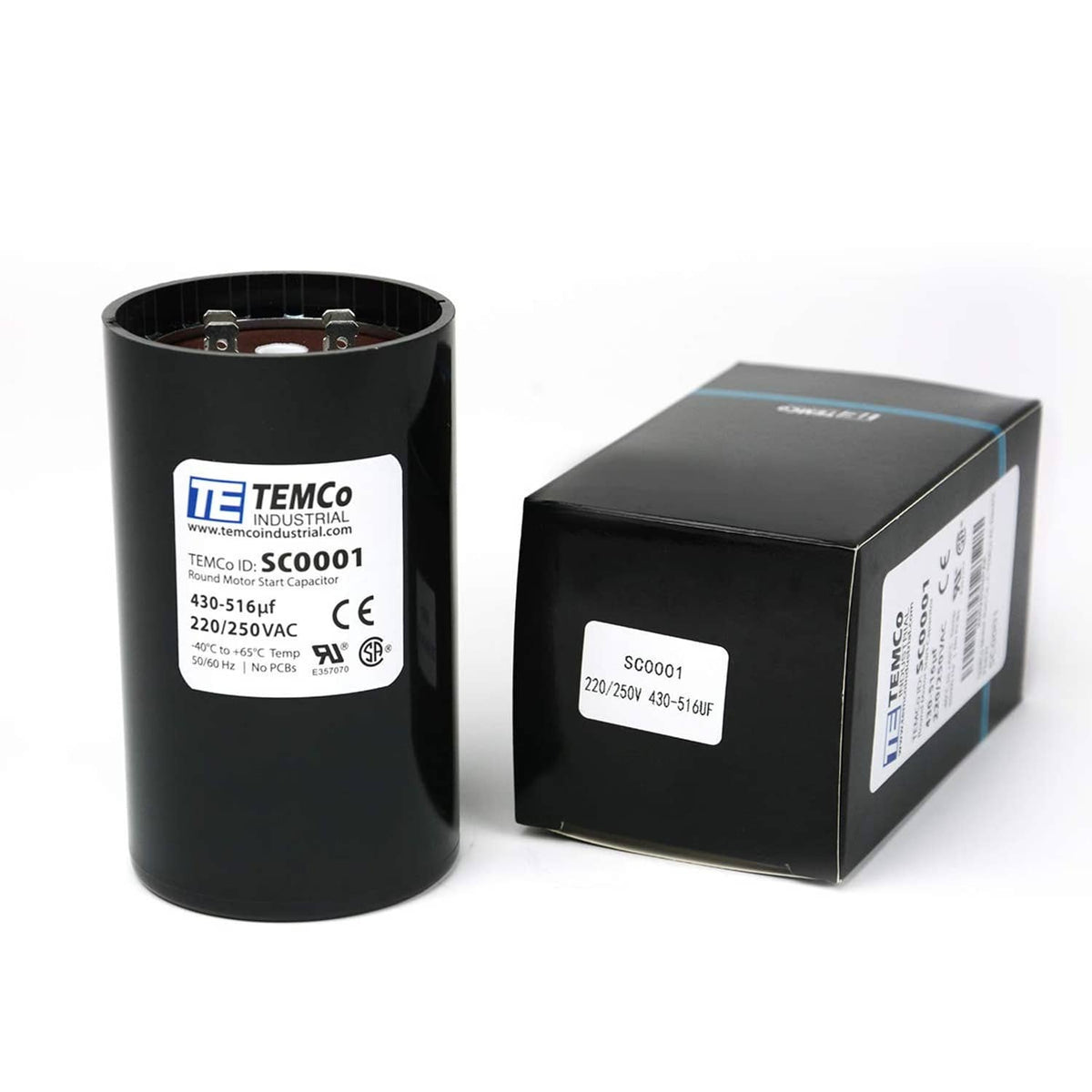 Black cylindrical start capacitor with TEMCo label and matching product box