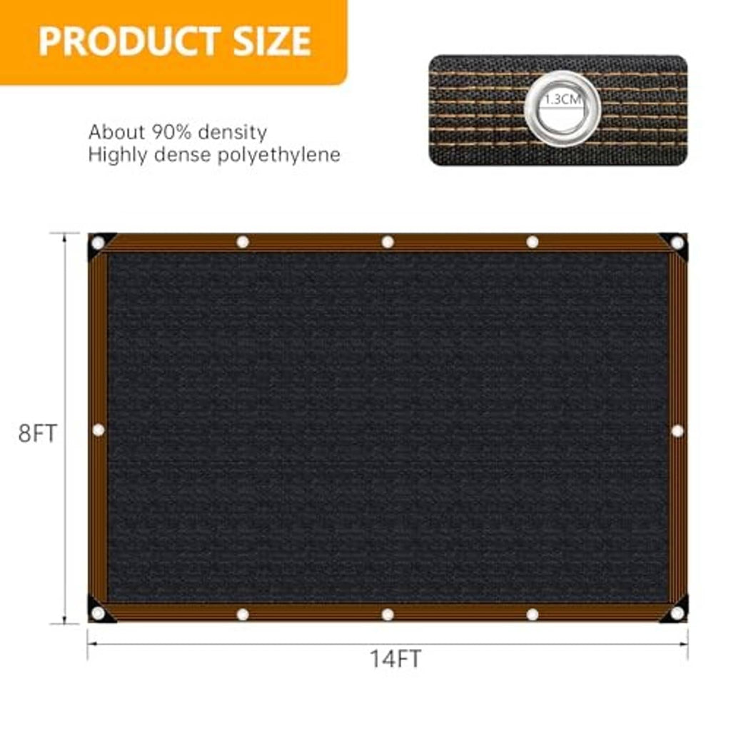 Black shade cloth mesh panel with corner grommets, 8 ft x 14 ft size diagram.