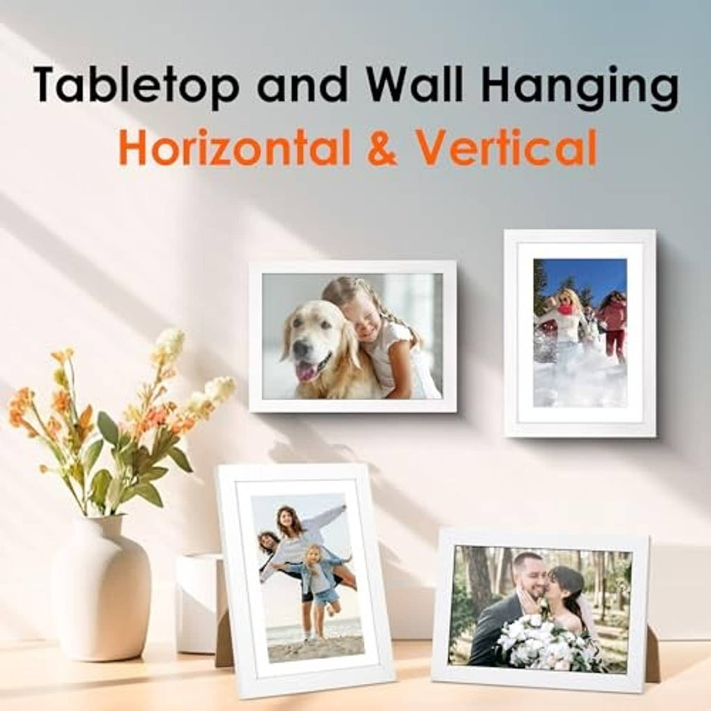 White 5x7 photo frame for tabletop display or wall hanging, horizontal and vertical