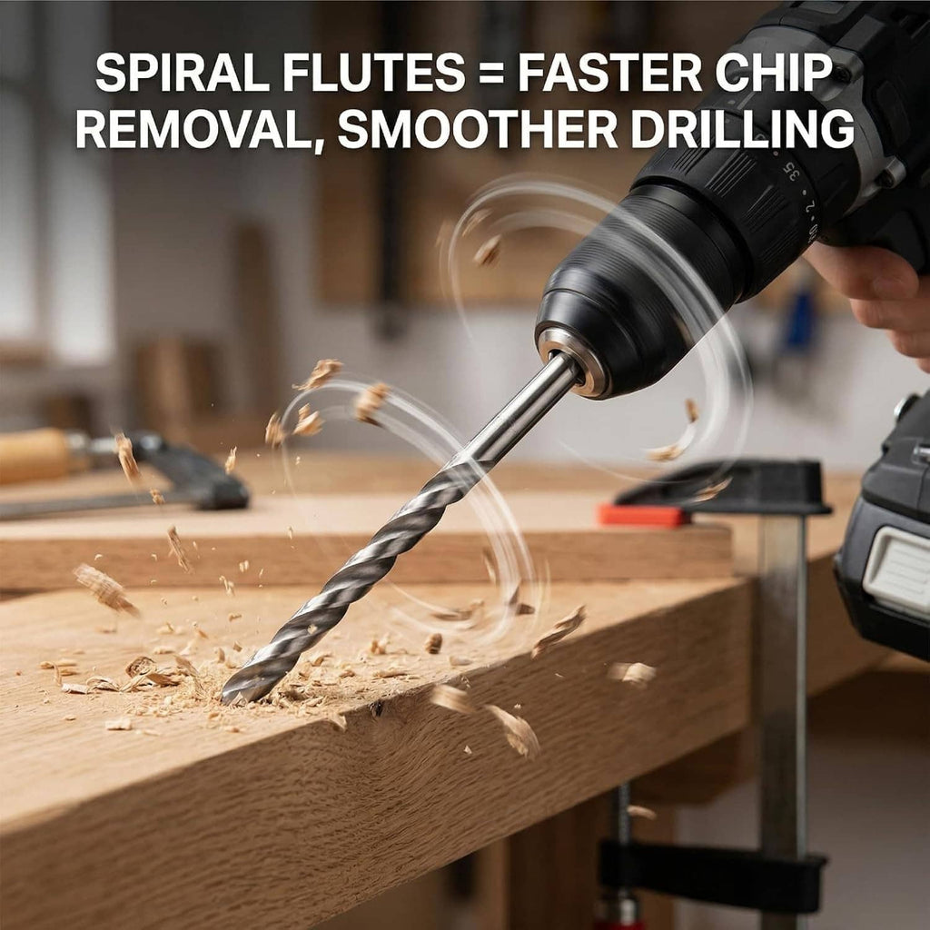 Spiral twist drill bit cutting wood, secured in a power drill chuck