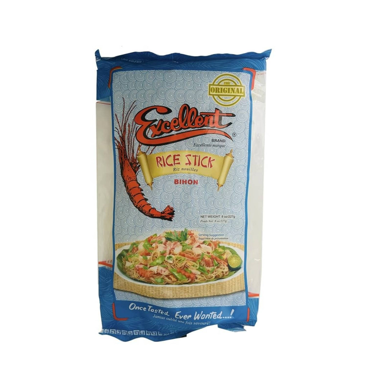 Excellent pancit bihon rice stick pouch, blue-and-white package with shrimp noodles