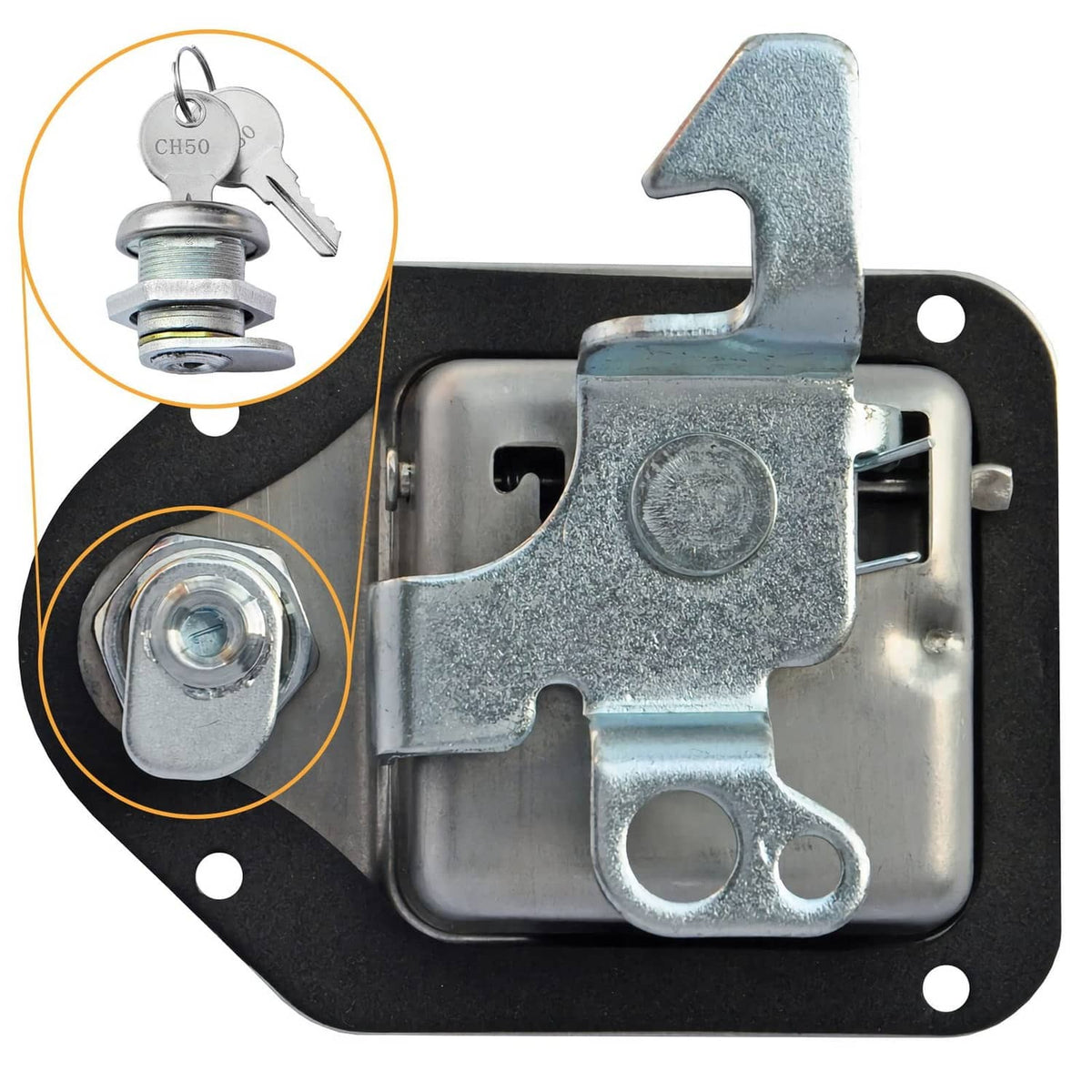Truck toolbox lock latch mechanism with keys and mounting hardware on metal plate